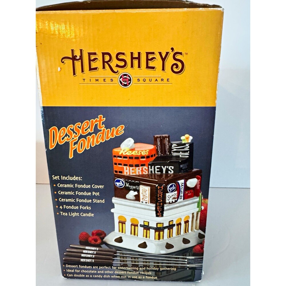 Hershey's Times Square Dessert Fondue Ceramic Set w/ Stand, 4 Forks, Cover